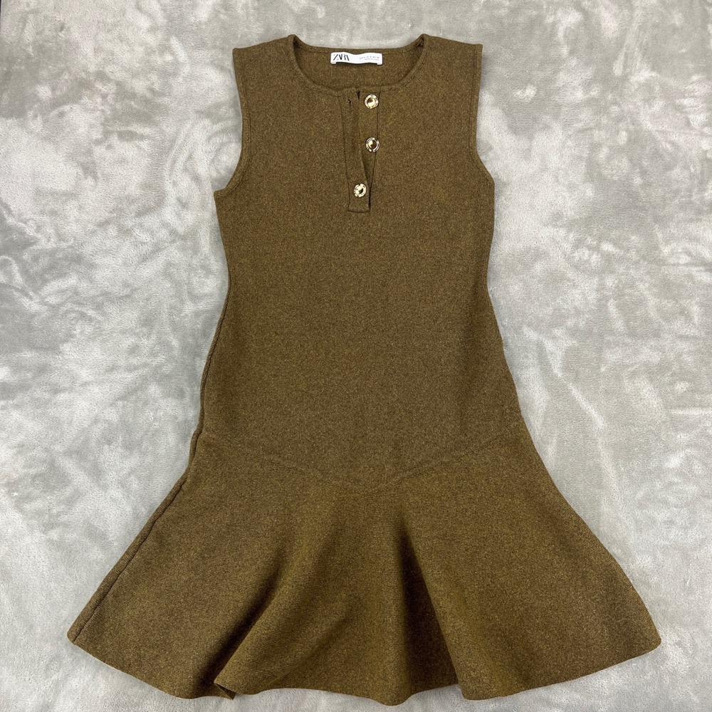 Zara Olive Green Knit‎ Drop Waist Henley Ruffle Mini Dress 9598/239/515 Small